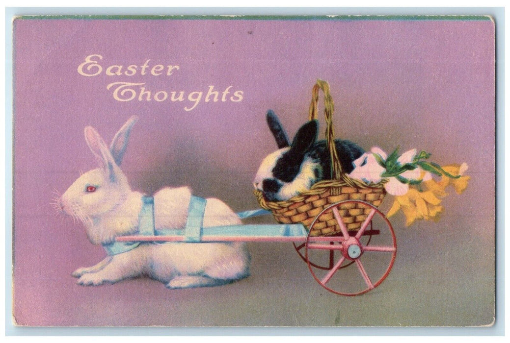 c1910's Easter Thoughts Rabbit Pulling Cart Basket Unposted Antique Postcard