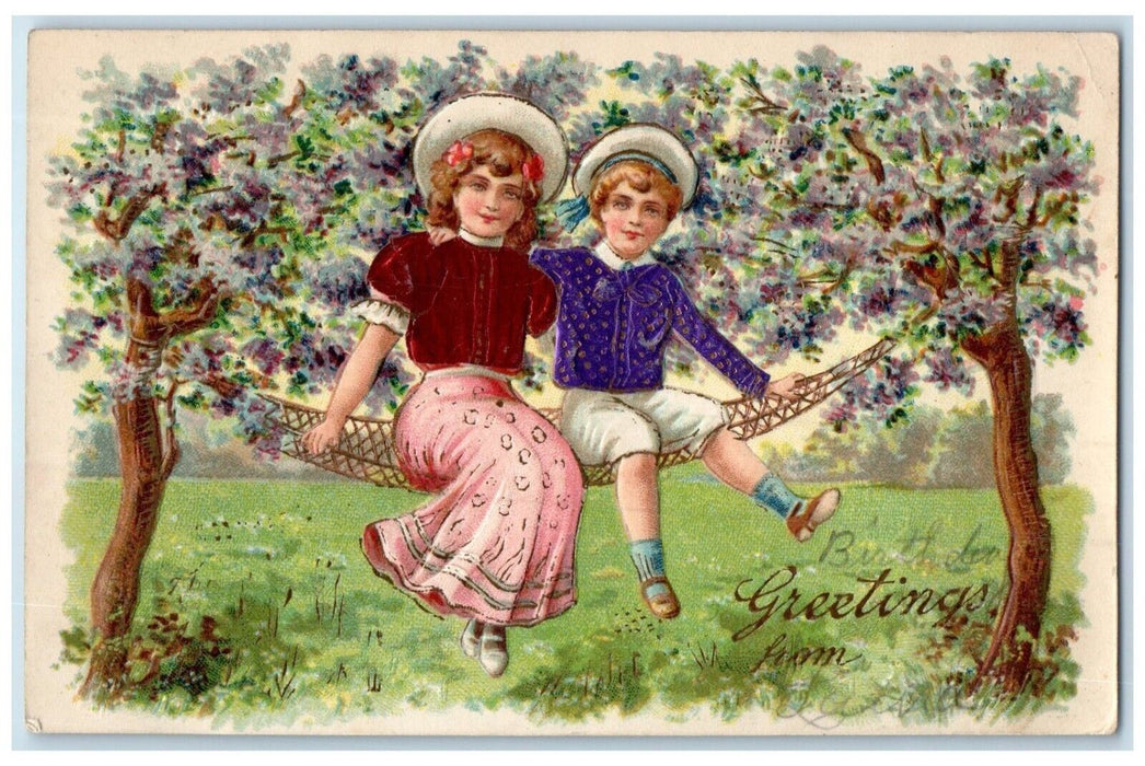 c1910's Birthday Greetings Children Hammock Silk Embossed Antique Postcard