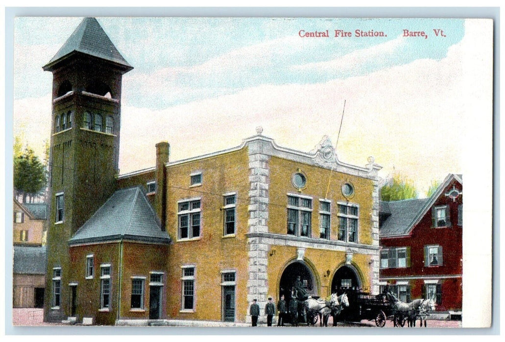 c1910 Central Fire Station Exterior Building Firemen Barre Vermont VT Postcard