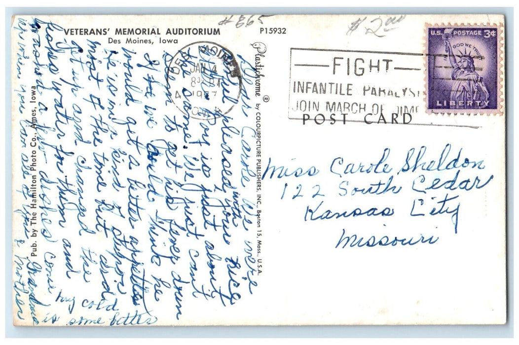 1977 Veterans Memorial Auditorium Exterior Building Des Moines Iowa IA Postcard