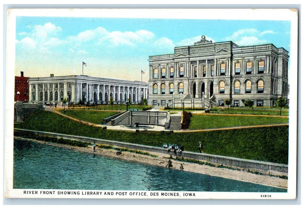 c1920 River Front Showing Library Post Office Exterior Des Moines Iowa Postcard