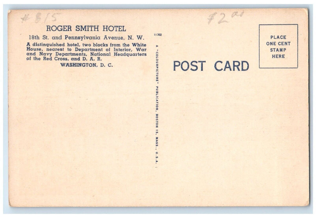 c1940 Exterior View Roger Smith Hotel Building Washington DC Unposted Postcard