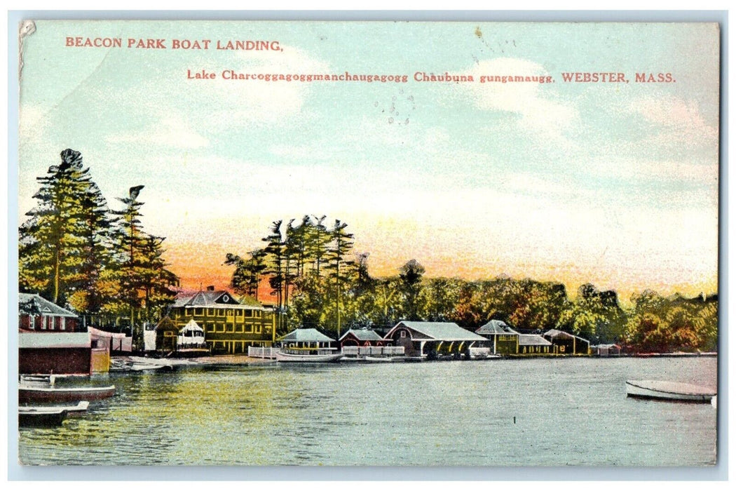 c1910 Beacon Park Boat Landing Lake Dock Exterior Webster Massachusetts Postcard