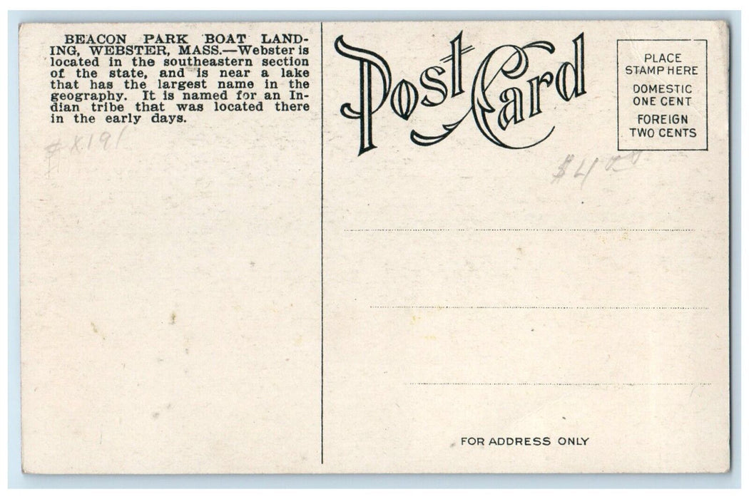 c1910 Beacon Park Boat Landing Lake Dock Exterior Webster Massachusetts Postcard