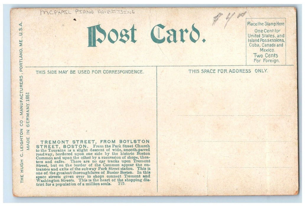 c1910 Tremont Street Boylston St. Boston Massachusetts MA McPhail Piano Postcard