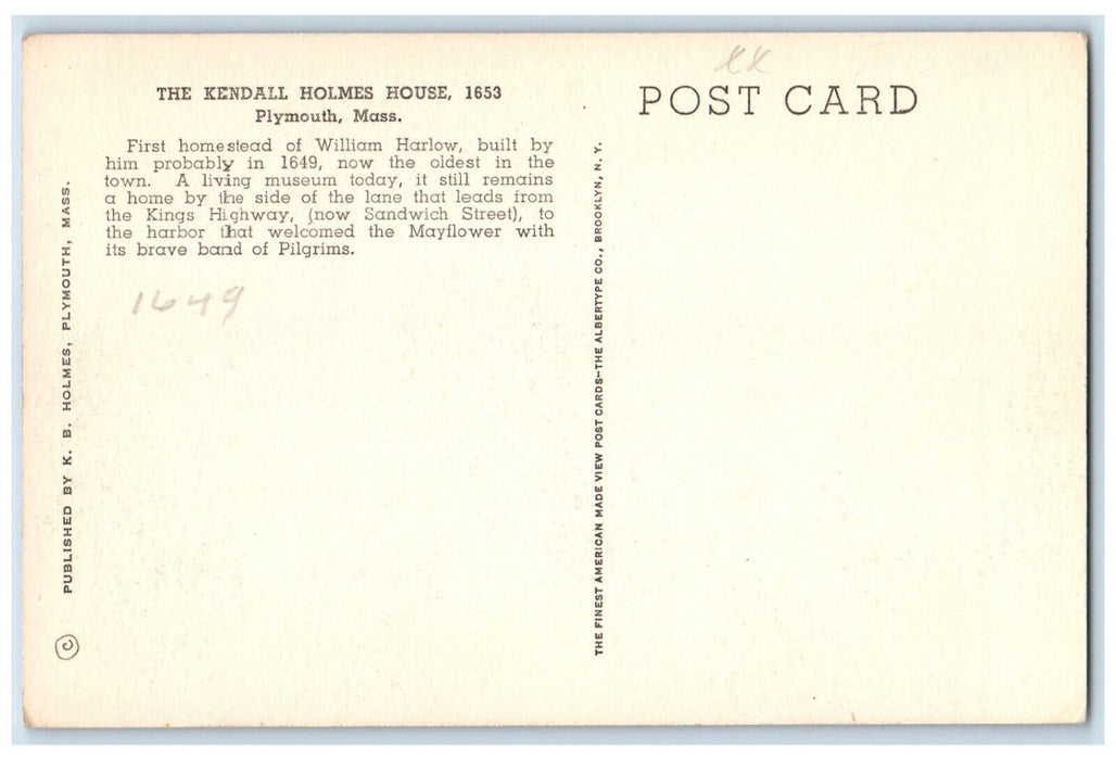c1910 Kendall Holmes House William Harlow Street Plymouth Massachusetts Postcard