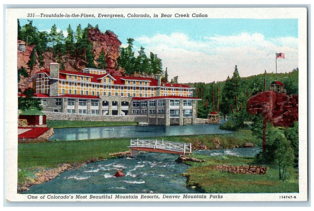 c1940 Troutdale Pines Evergreen Break Creek Canon River Denver Colorado Postcard
