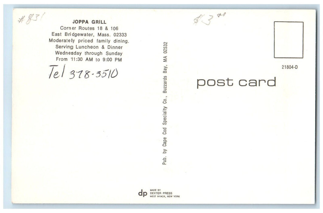 c1960 Joppa Grill East Classic Cars Parking Bridgewater Massachusetts Postcard