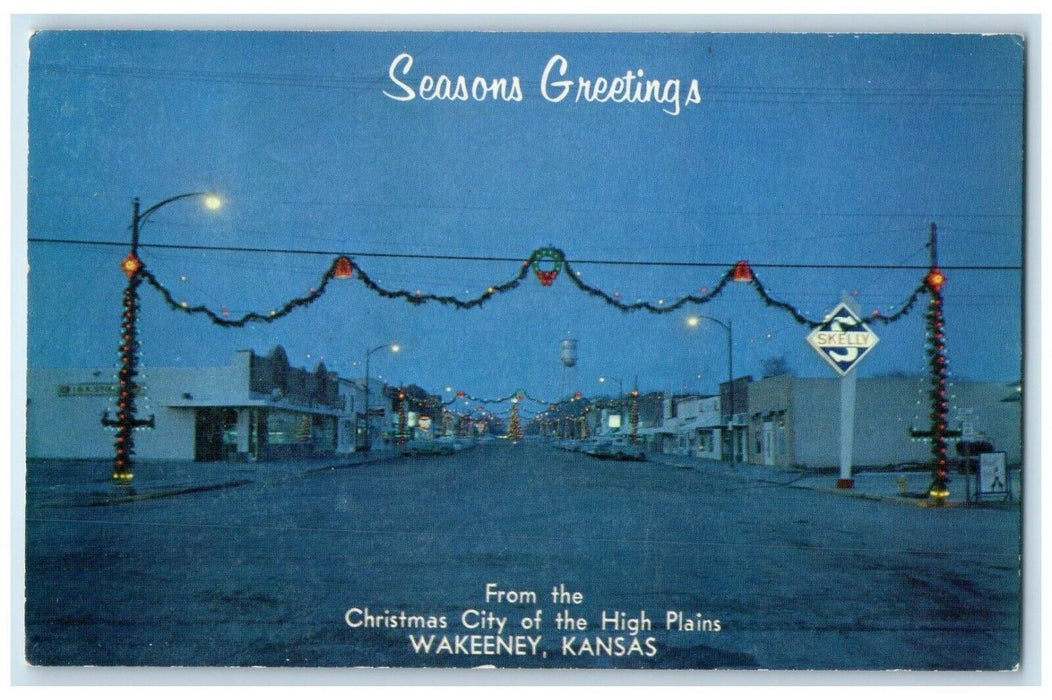 c1960 Seasons Greetings Christmas City High Plains Wakeeney Kansas KS Postcard