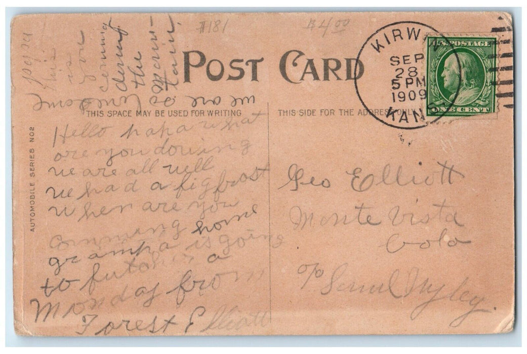 1909 Car Accident Registration Of Motor Cars Kirwin Kansas KS Antique Postcard