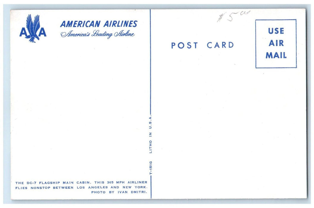 The DC -7 Flagship Main Cabin American Airlines Between Los Angeles NY Postcard