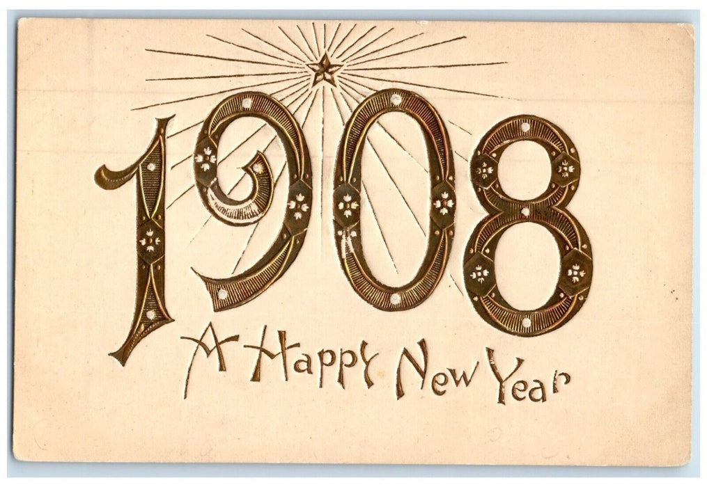 1908 Happy New Year Large Numbers Embossed Unposted Antique Postcard