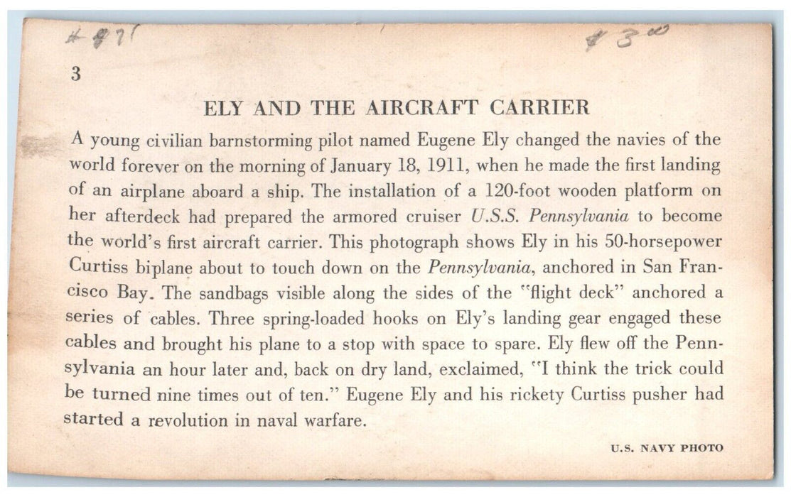 Eugene Ely And The Aircraft Carrier Airplane Aboard Ship Unposted Postcard