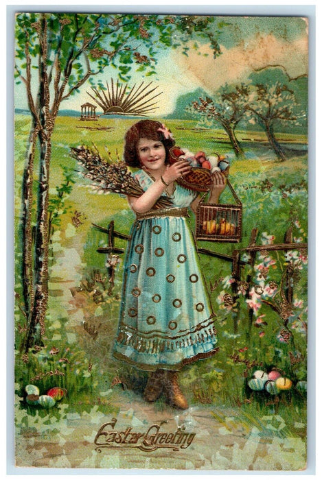 Easter Greetings Girl Carrying Eggs Basket Pipe Berry Gel Gold Gilt Postcard