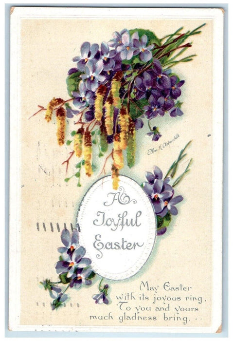 1913 Joyful Easter Pansies Flowers Cattail Ellen Clapsaddle Lynn MA  Postcard