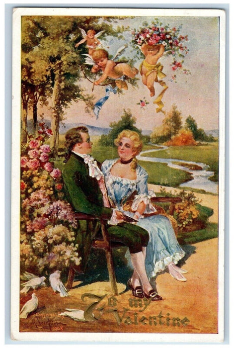 c1910's Valentine Couple Romance Cupid Angel Pansies Flowers Embossed Postcard