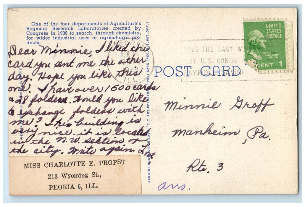 1948 Northern Regional Research Laboratory Scene Of Peoria Illinois IL Postcard
