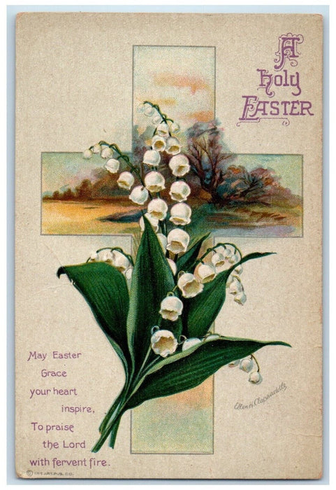 Holy Easter Cross White Flowers Ellen Clapsaddle Artist Signed Embossed Postcard