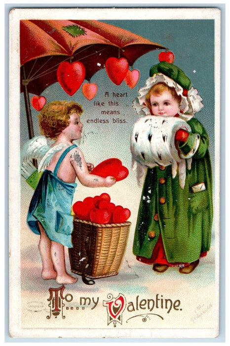 1912 Valentine Cupid Angel Selling Hearts Girl Handwarmer Clapsaddle Postcard