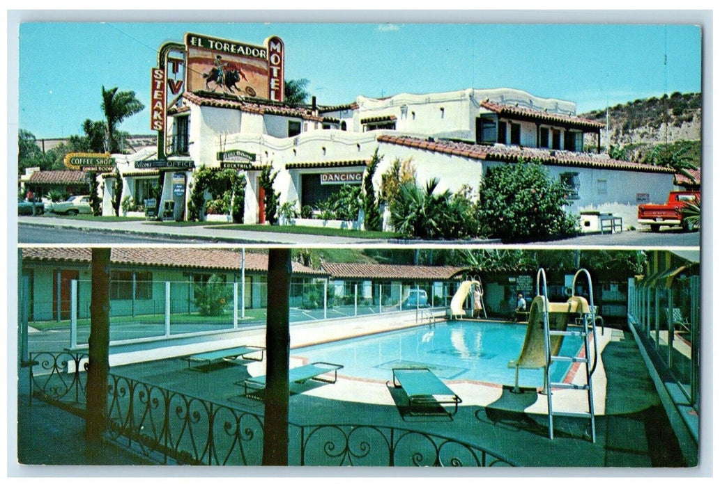 c1960 El Toreador Motel San Ysidro Boulevard Old Mexico California CA Postcard