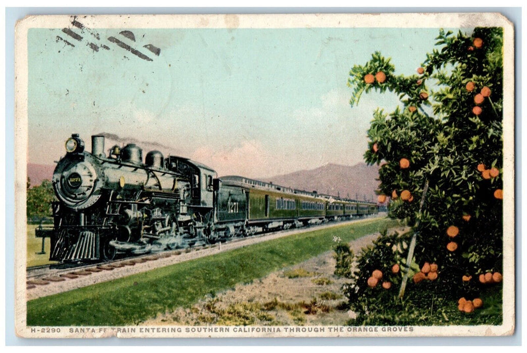 1923 Sant Fe Train Southern California Rail Orange Groves Fred Harvey Postcard