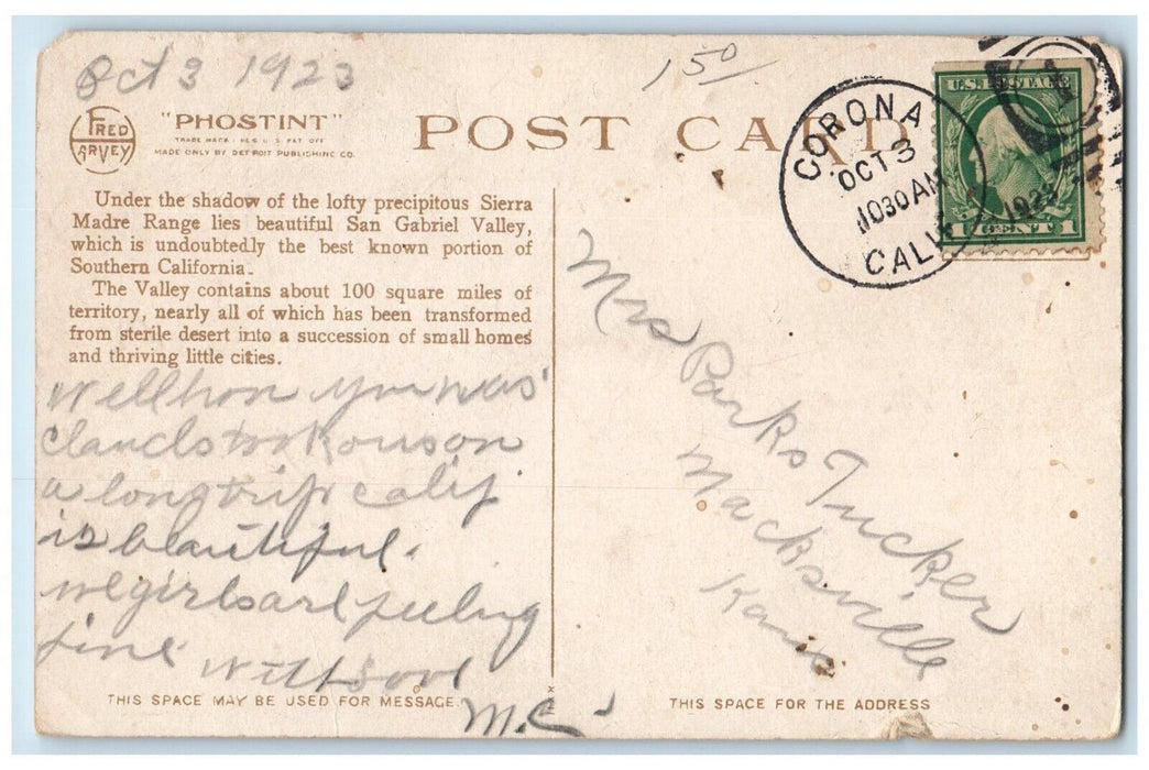 1923 Sant Fe Train Southern California Rail Orange Groves Fred Harvey Postcard