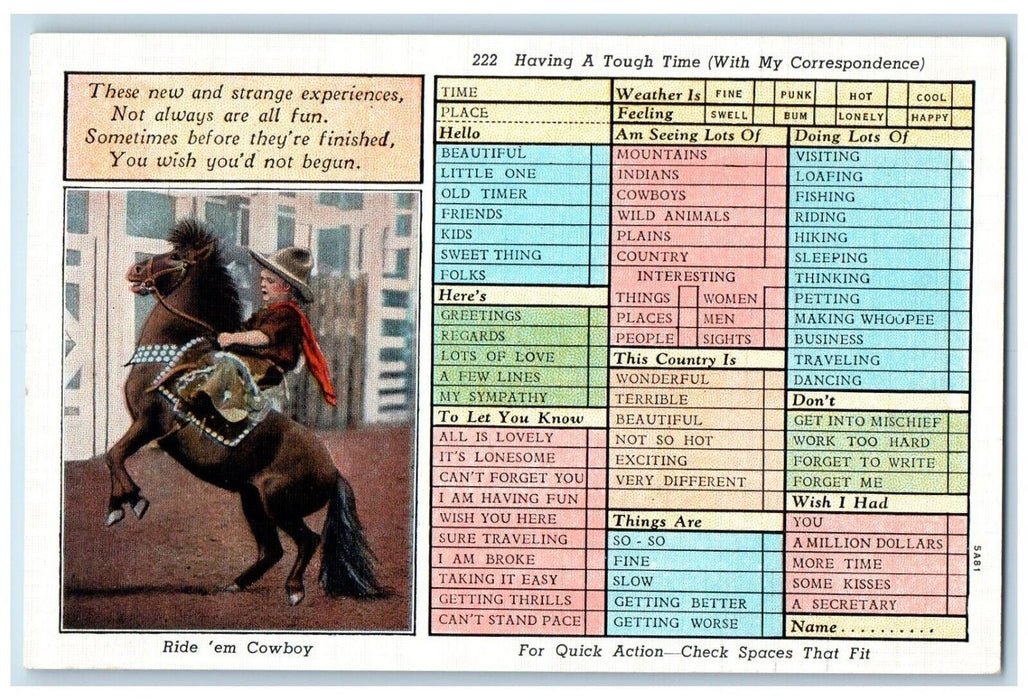 c1930's Ride Em Horse Cowboy Checklist Correspondences Unposted Vintage Postcard