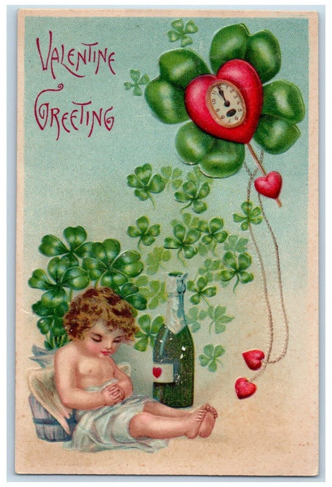 c1910's Valentine Greeting Drunk Angel Shamrock Heart Clock Embossed Postcard