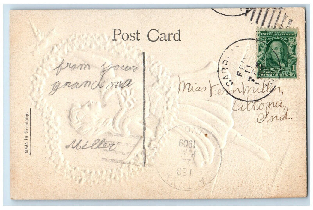 1911 Valentine Girl Heat Pansies Flowers Dove Airbrushed Embossed Postcard