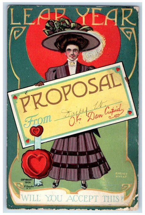 1908 Leap Year Proposal Girl Big Heart Syracuse New York NY Antique Postcard