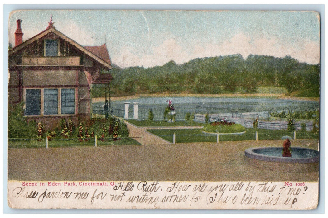 1907 Scene In Eden Garden Park Cincinnati Ohio OH, House Fountain View Postcard