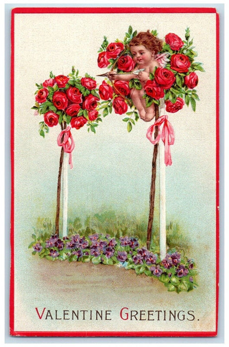 c1910's Valentine Greetings Cupid Angel Red Roses Embossed Antique Postcard