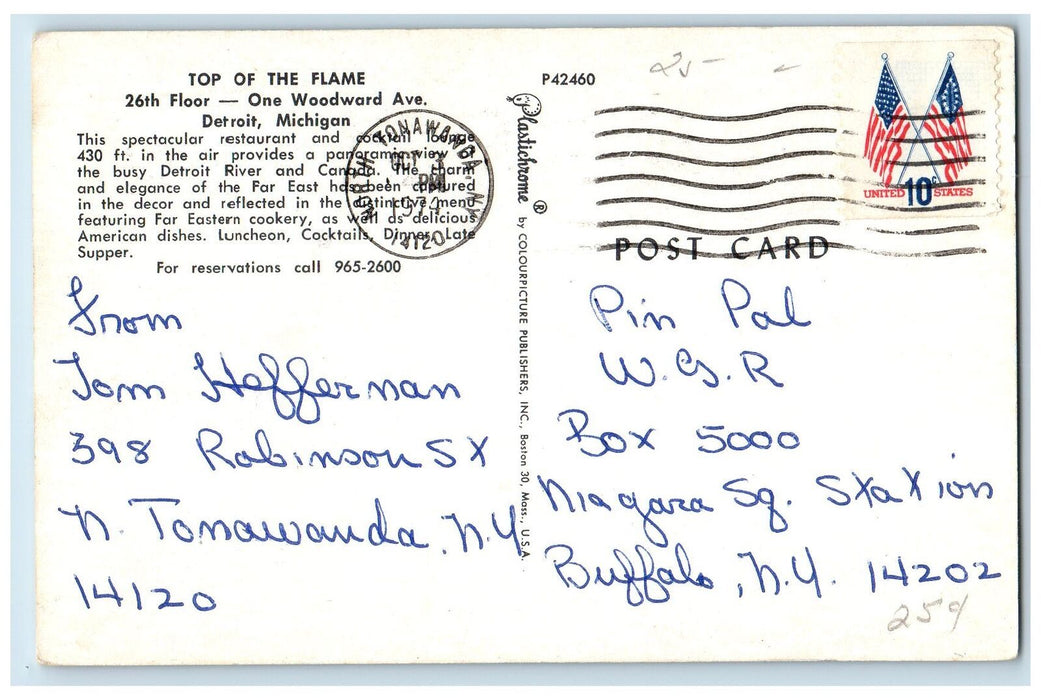 1974 Top Of Flame Building Restaurant & Cocktail Lounge Detroit MI Postcard