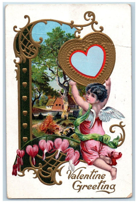 1909 Valentine Greeting Angel Hearts House And Trees Embossed Antique Postcard