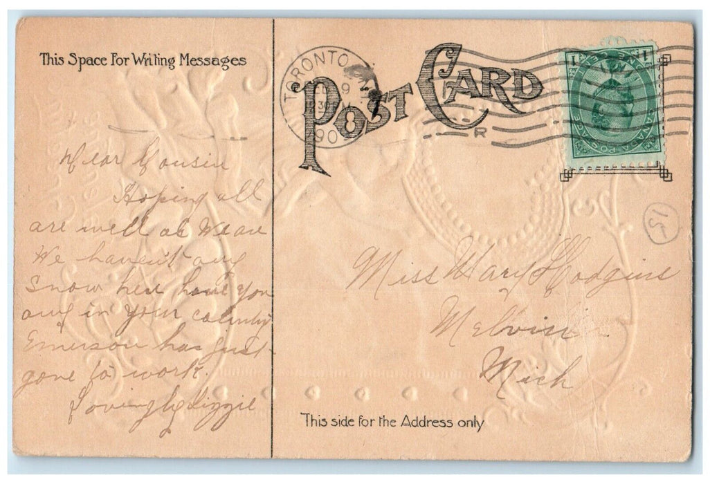 1909 Valentine Greeting Angel Hearts House And Trees Embossed Antique Postcard