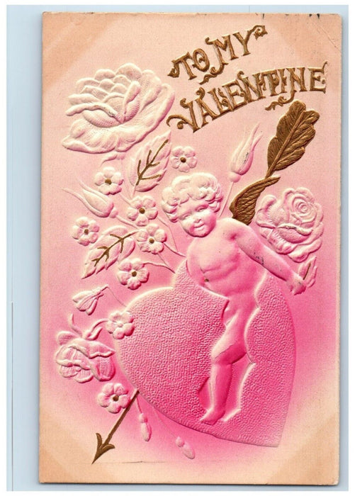 Valentine Greeting Heart Arrow Angel Flowers Airbrushed Embossed Posted Postcard