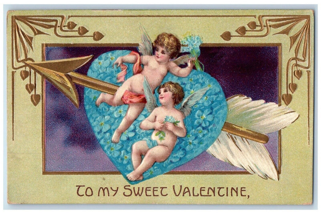 1909 Valentine Angel Cupid Arrow Heart Pansies Flowers Kempton IL Postcard