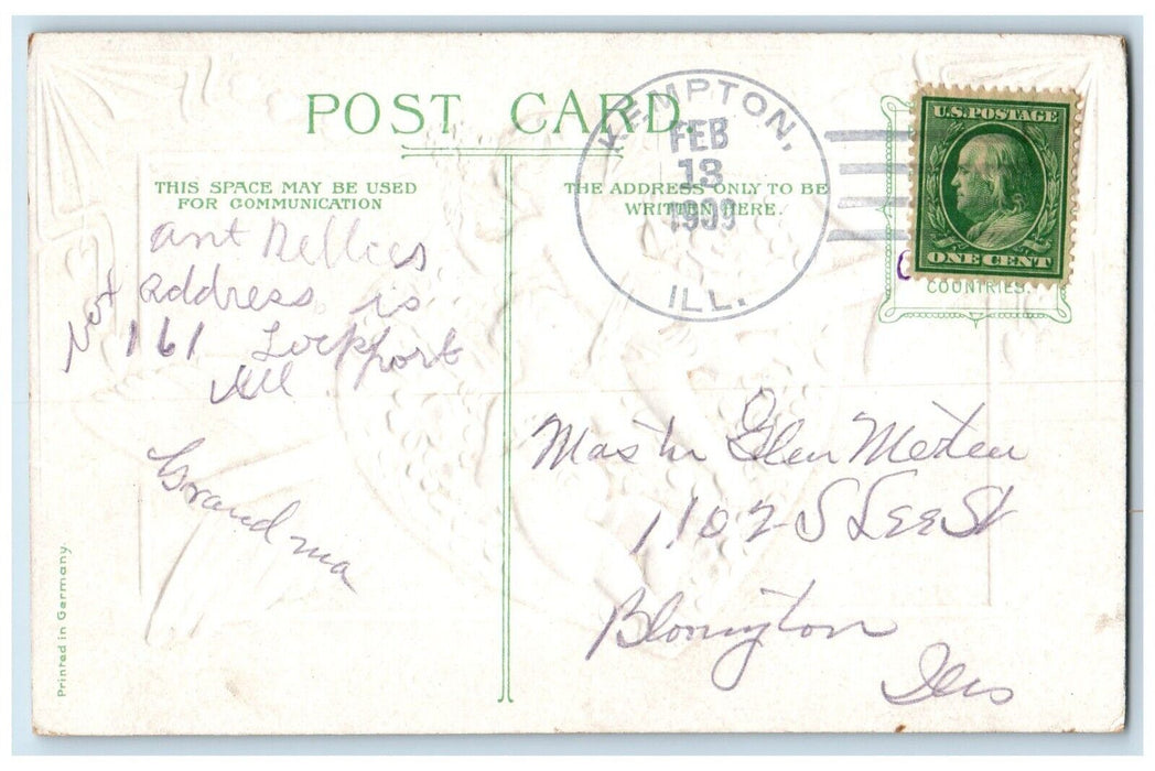 1909 Valentine Angel Cupid Arrow Heart Pansies Flowers Kempton IL Postcard