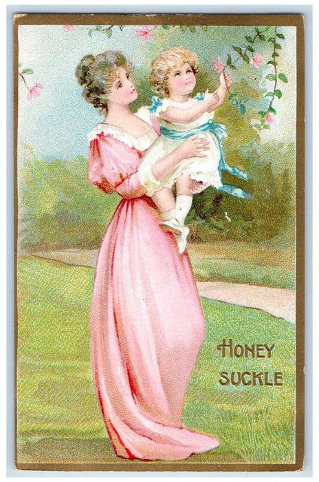 c1910's Valentine Mother And Daughter Flowers Embossed Unposted Antique Postcard