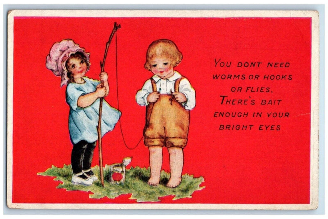 c1910's Valentine Girls Worm Can Bait Fishing Antique Posted Postcard
