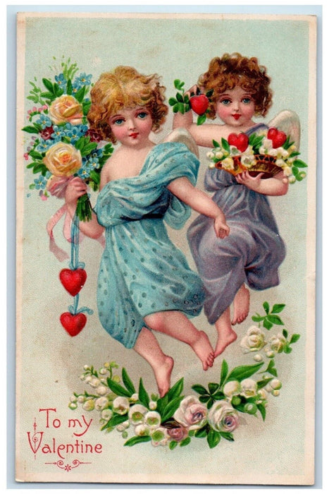 c1910's Valentine Angels Hearts Flowers Pansies Embossed Antique Postcard