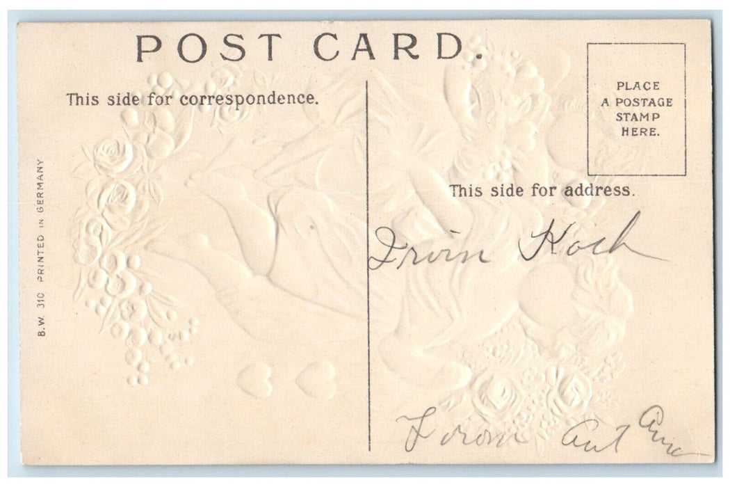 c1910's Valentine Angels Hearts Flowers Pansies Embossed Antique Postcard