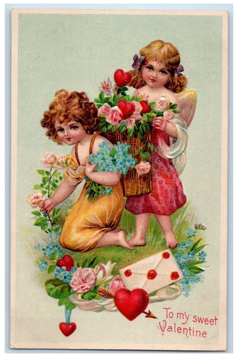 c1910's Valentine Angels Pansies Flowers Letter Hearts Embossed Antique Postcard