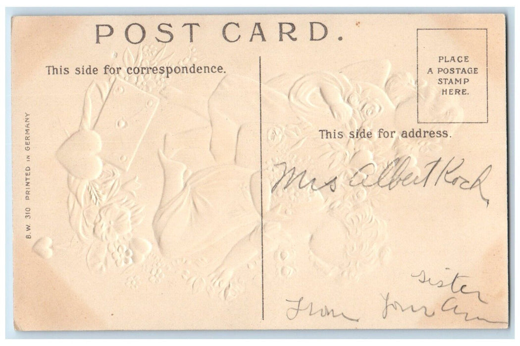 c1910's Valentine Angels Pansies Flowers Letter Hearts Embossed Antique Postcard
