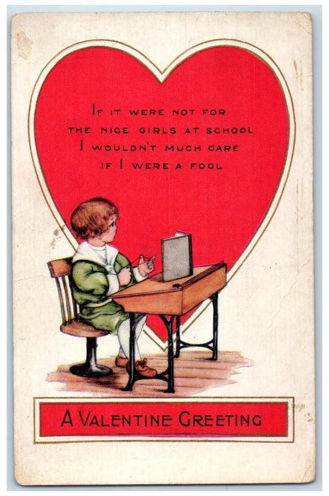 c1910's Valentine Greeting Giant Heart Little Boy Book Embossed Antique Postcard