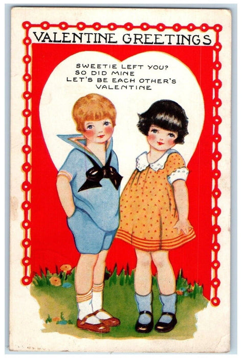 1915 Valentine Greetings Girls Hearts Embossed Posted Antique Postcard