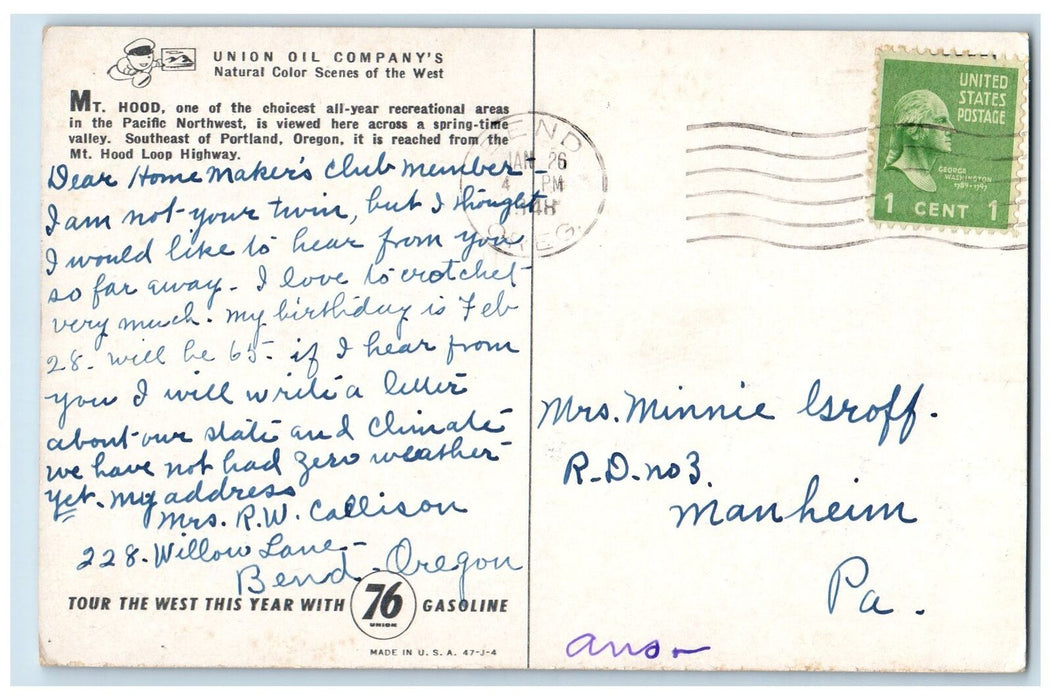 1948 Mt. Hood Scene One Of The Choicest Southeast Of Portland Oregon OR Postcard