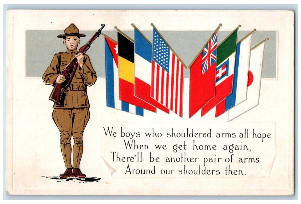 1917 WWI Military Soldier Flags Worcester Massachusetts MA Antique Postcard