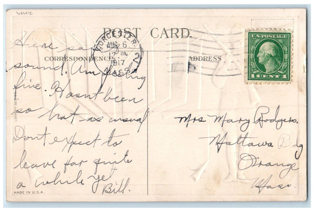 1917 WWI Military Soldier Flags Worcester Massachusetts MA Antique Postcard