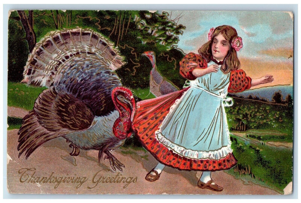 Thanksgiving Greetings Turkey Bite Woman Dress Embossed Posted Antique Postcard